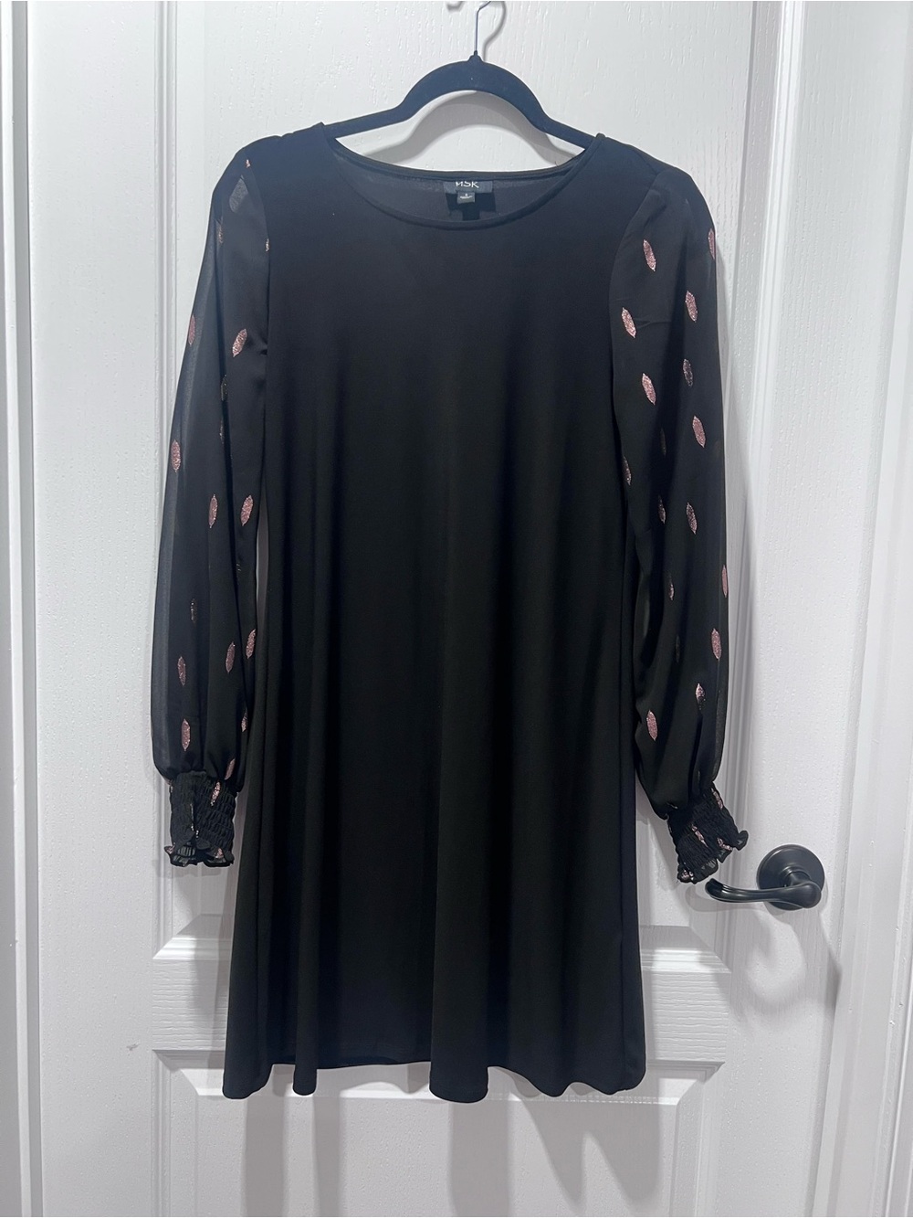 MSK Black Long-Sleeve Shift Dress with Pink Leaf Motif